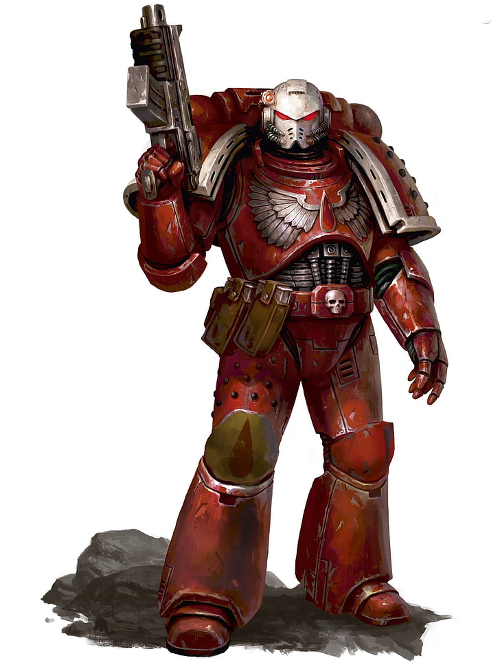 person wearing red steel suit holding rifle illustration, space marines