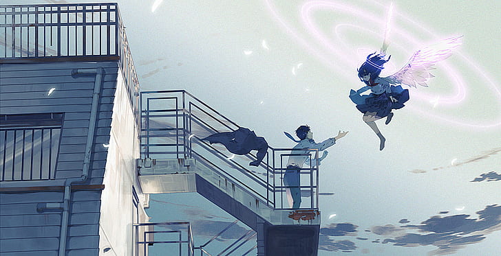 fallen angel, anime girl and boy, magic, stairs, artistic