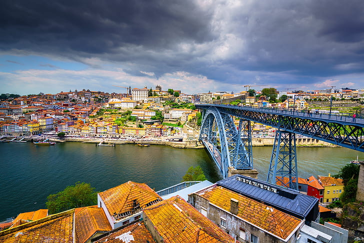 bridge, river, building, home, roof, panorama, Portugal, Vila Nova de Gaia, HD wallpaper