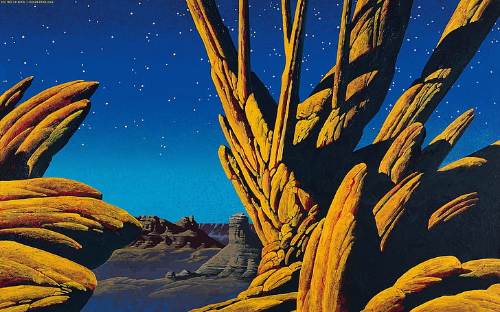 desert rock formations painting, landscape, artwork, night, Roger Dean, HD wallpaper