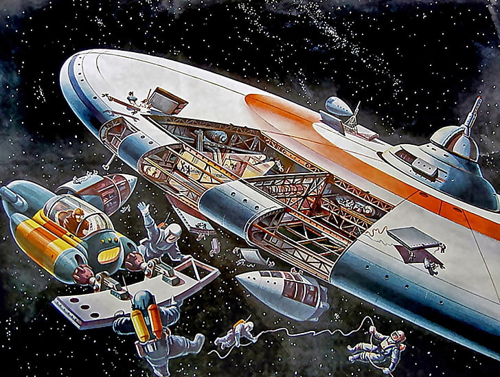 white and orange spaceship illustration, science fiction, artwork