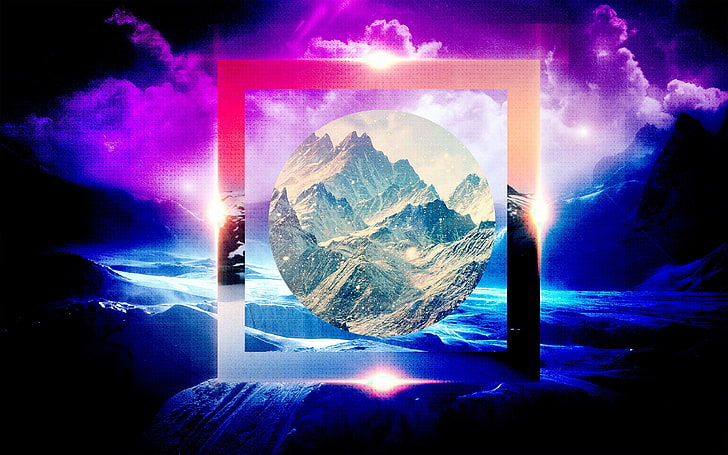circle, mountains, flares, square, nature, clouds, polyscape