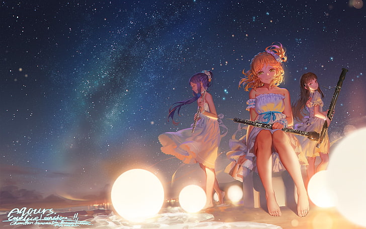 anime girls, artwork, digital art, Love Live! Sunshine, space, HD wallpaper