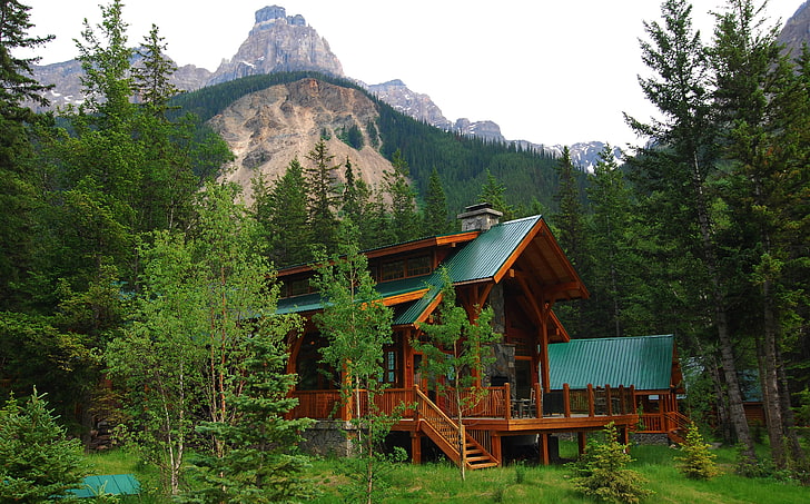 nature, landscape, mountains, trees, forest, house, Alberta