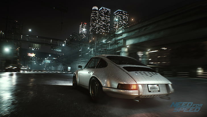 Need For Speed, 2015, Video Games, Car, Night, Light, Buildings, Rain, grey coupe, HD wallpaper