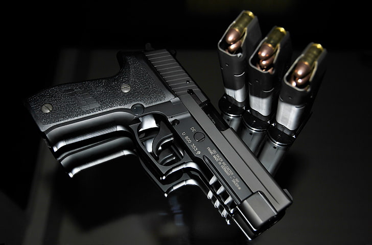 black semi-automatic pistol with mags, gun, weapons, SIG-Sauer, HD wallpaper