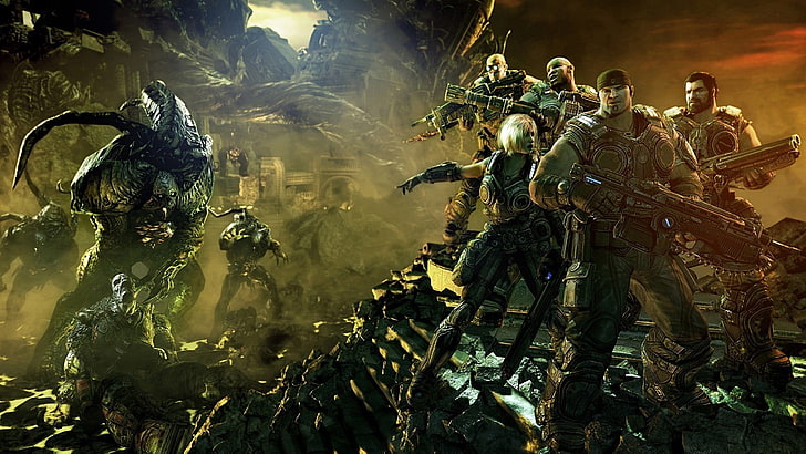 group of people with rifle and aliens wallpaper, Gears of War