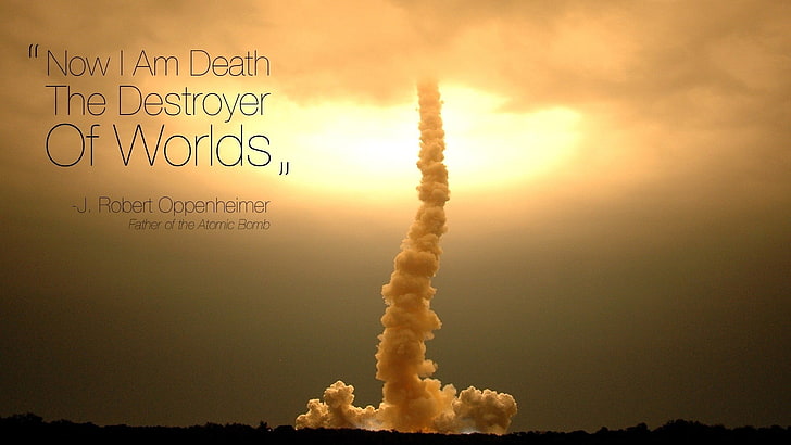 white clouds with text overlay, Julius Robert Oppenheimer, explosion