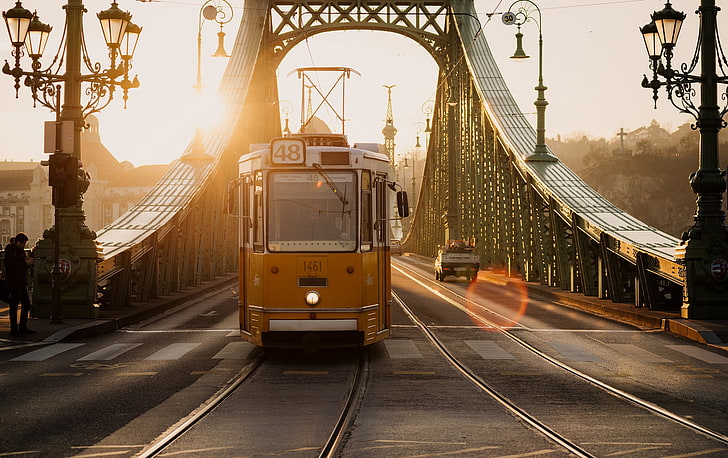 bridge, lights, tram, Hungary, Budapest, Liberty Bridge, transportation, HD wallpaper