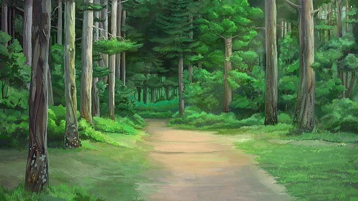 green forest painting, forest clearing, trees, artwork, Everlasting Summer
