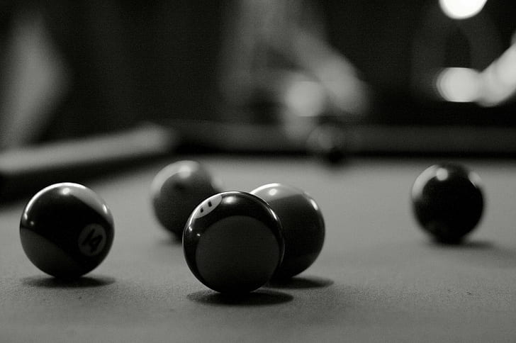 grayscale photo of billiard balls on pool table, blackandwhite