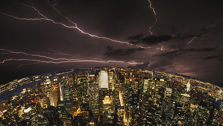 aerial view photo of cityscape with lightning, night, building exterior, HD wallpaper
