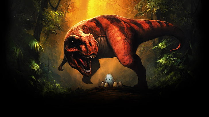 T-rex protecting egg surrounded by trees painting, dinosaurs