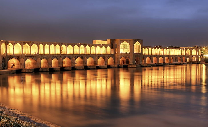 Khaju Bridge At Dusk, Isfahan, Iran, beige concrete bridge, Asia