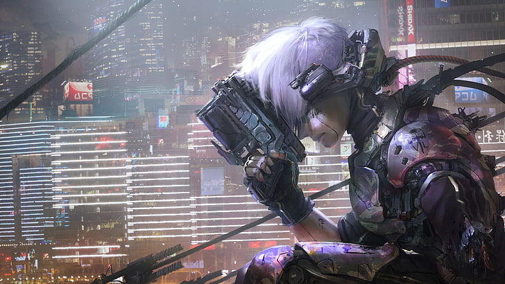 Android holding rifle digital wallpaper, cyberpunk, artwork, cybernetics