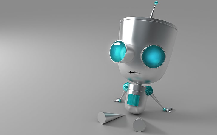 gray and blue robot toy, eyes, metal, sit, technology, isolated, HD wallpaper