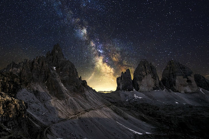 mountain digital wallpaper, space, universe, stars, landscape