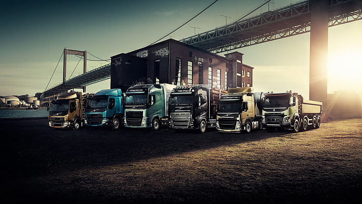 six utility trucks, Volvo, Blik, bridge, front, trailer, tractor, HD wallpaper