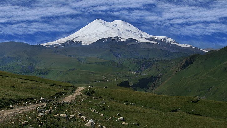 sky, Elbrus, mountains, Caucasus, 4k, 5k, meadows, volcano