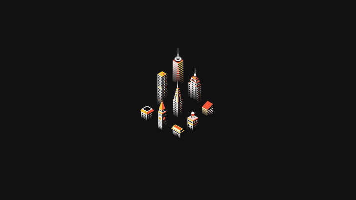 gray building illustration, isometric, black background, Architecture models, HD wallpaper