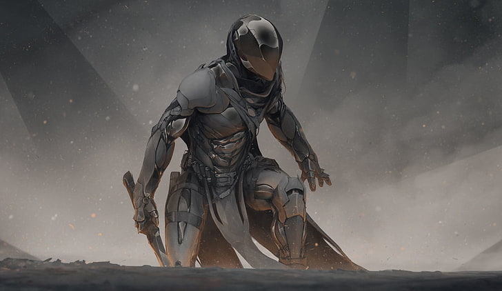 gray body armor video game wallpaper, warrior, sword, science fiction, HD wallpaper
