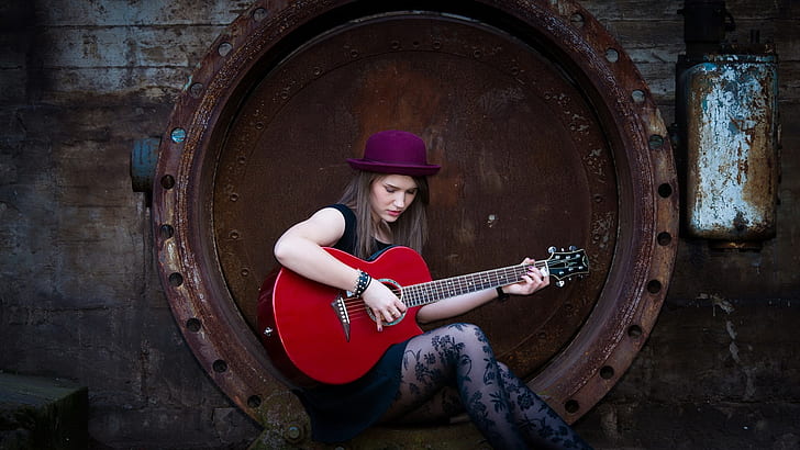 Long hair girl, hat, guitar, music