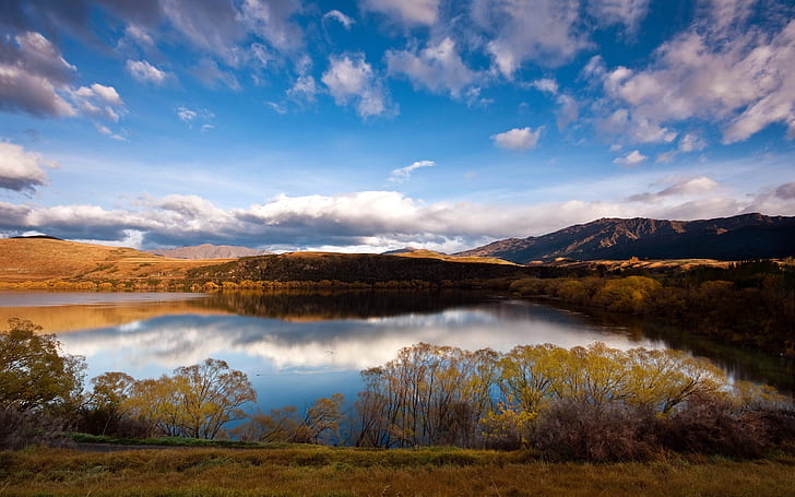 Beautiful New Zealand nature scenery, mountains, river, blue sky, grass, HD wallpaper