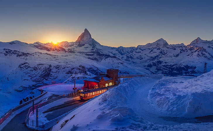mountains, winter, sunset, landscape, train station, nature, HD wallpaper