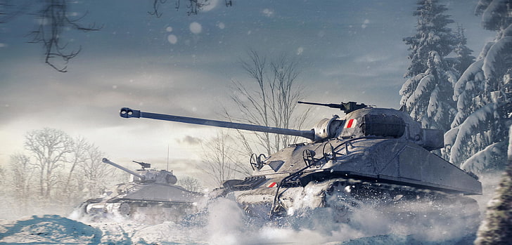 two gray main battle tanks, The sky, Winter, Trees, Snow, Iron HD wallpaper