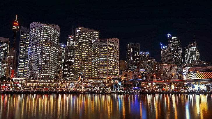 downtown, night lights, city lights, sydney, australia, darling harbour, HD wallpaper