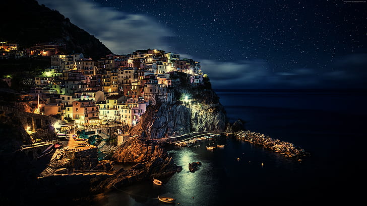 boats, booking, twilight, harbor, Liguria, sky, night, Manarola, HD wallpaper