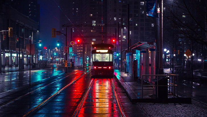 cityscape, electric rail, electricity, darkness, street, downtown