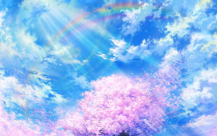 Hd Wallpaper Art Cherry Clouds Nature Rainbow Sky Tsujiki Wallpaper Flare