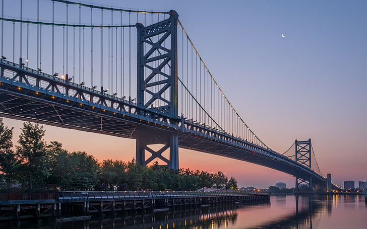 Philadelphia, USA, Bridge, Benjamin Franklin Bridge, Architecture, City, Reflection, photo of bridge during twilight