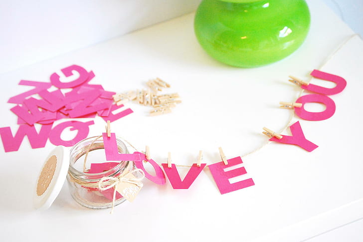 Message To My Valentine♥ !, pink love you hanging letter decors, HD wallpaper