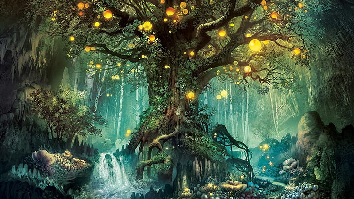 Magic forest, tree, lights, creative design, HD wallpaper