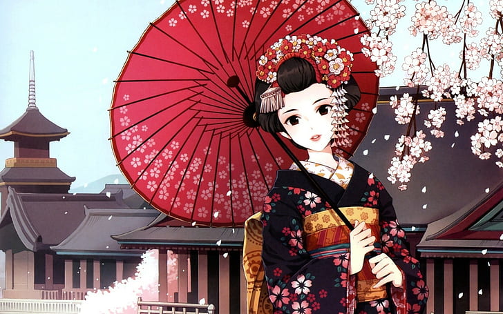 anime, anime girls, kimono, traditional clothing, cherry blossom, HD wallpaper