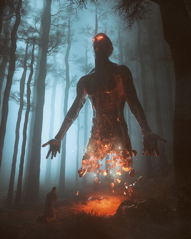 statue and man in forest illustration, beeple, digital art, 3D