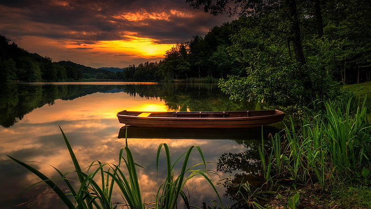 Landscape Nature Sunset Orange Sky Forest Lake Boat Green Grass Reflection In Water Desktop Wallpaper Hd 5200×2925