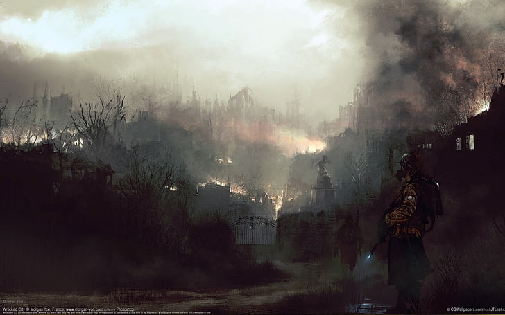 movie screenshot, landscape, fog, tree, plant, nature, architecture