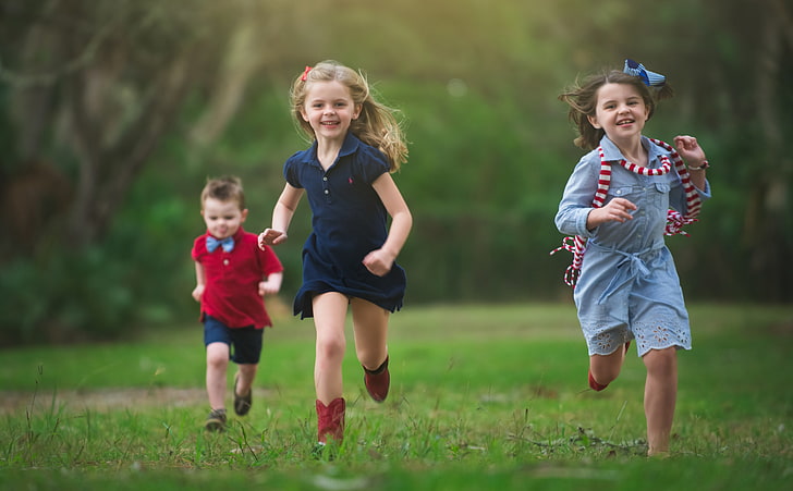 Childhood Happiness, girl's blue dress, Cute, Happy, Running