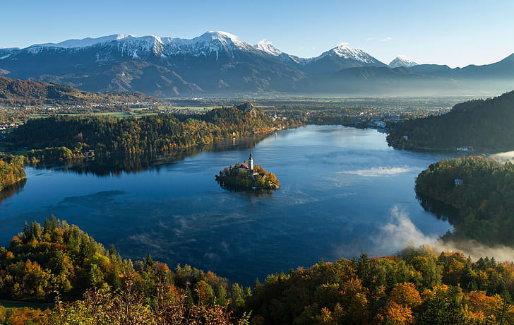 Slovenia, river, castle, mountains, church, Lake Bled