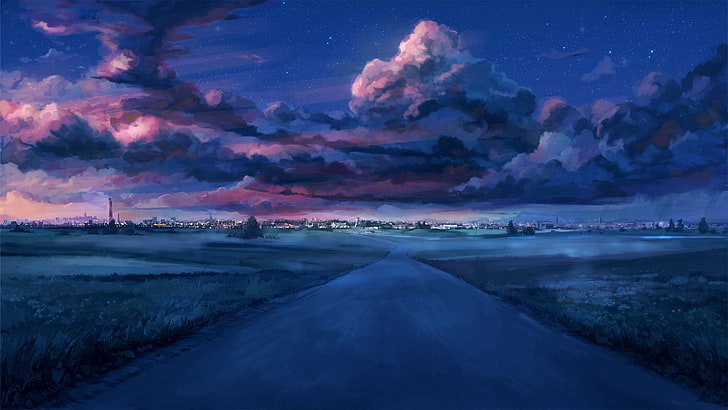 road and clouds digital art, cityscape, sunset, starry night