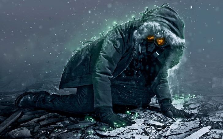 person in coat with gas mask wallpaper, the wreckage, snow, people