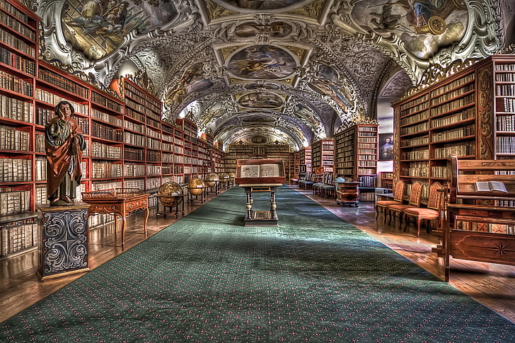 brown wooden book shelves, strahov monastery, prague, hdr, library, HD wallpaper