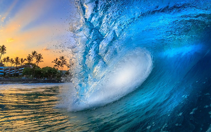 waves artwork, nature, landscape, beach, Hawaii, building, palm trees, HD wallpaper