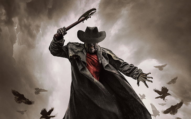 man holding axe and wearing black coat and black hat, Jeepers Creepers 3