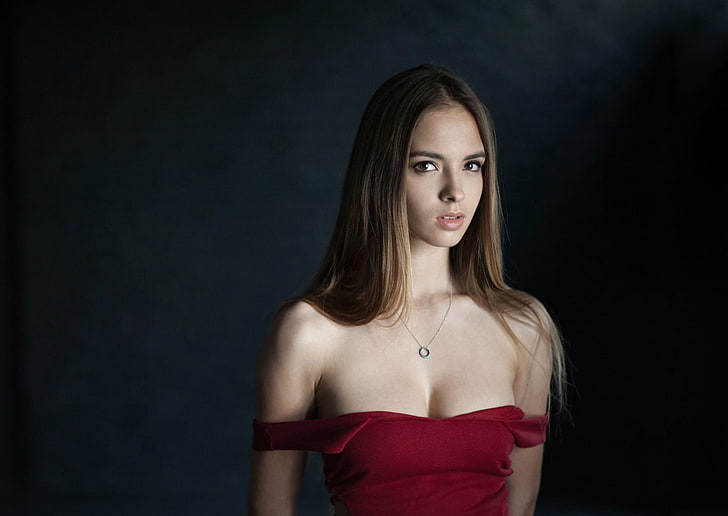 women's red off-shoulder top, Victoria Lukina, model, face, portrait