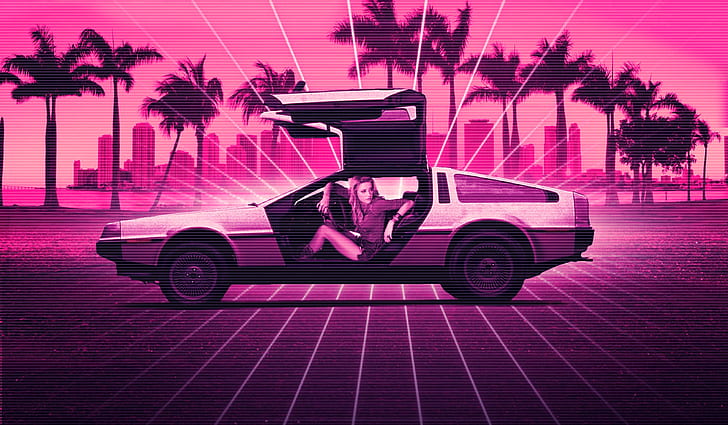 Girl, Music, Neon, Background, DeLorean DMC-12, Electronic