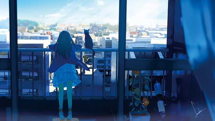 girl, cat, city, balcony, cute, pixiv, anime, HD wallpaper